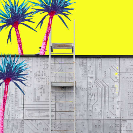 Abstract pink palms on a yellow background and a gray buildingの写真素材