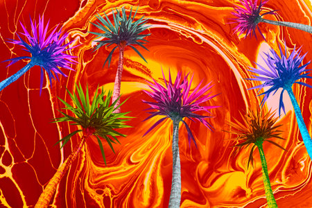 Abstract bright multicolored palms on a orange backgroundの写真素材