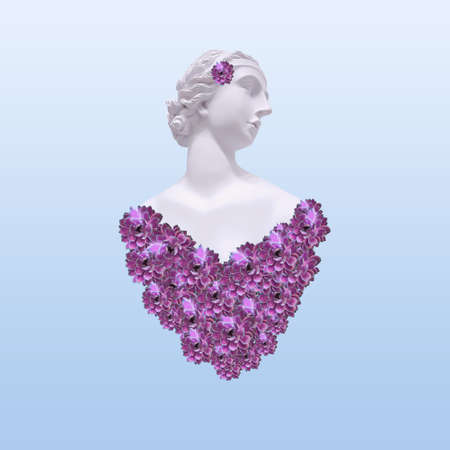 Contemporary collage. Sculpture of a woman on a gentle blue background and a heart of flowers.の写真素材