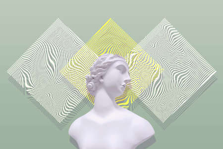 Contemporary collage. Sculpture of a woman on an olive background with a geometric pattern.の写真素材