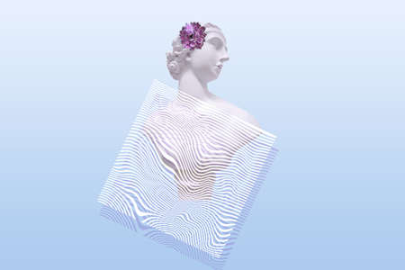 Contemporary collage. Sculpture of a woman on a gentle blue background with a geometric pattern.の写真素材