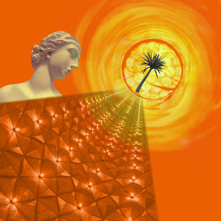 Contemporary collage. Sculpture of a woman, sun and palm on an abstract orange background.の写真素材