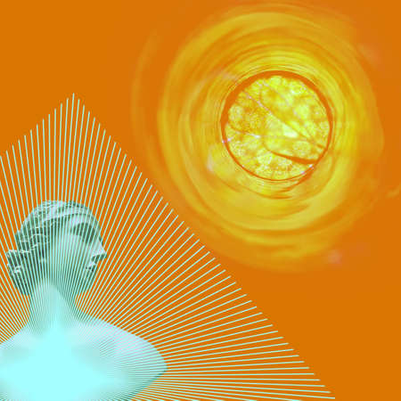 Contemporary collage. Sculpture of a woman and the sun on an abstract orange background.の写真素材