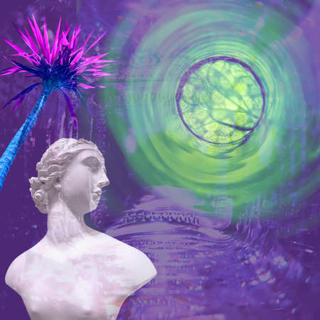 Contemporary collage. Sculpture of a woman and a palm tree on an abstract glowing neon background.の写真素材