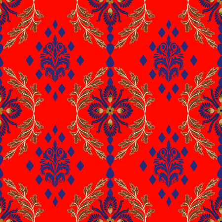 Elegant vintage floral  pattern with damask ornaments and decorative leaves in classic style for...