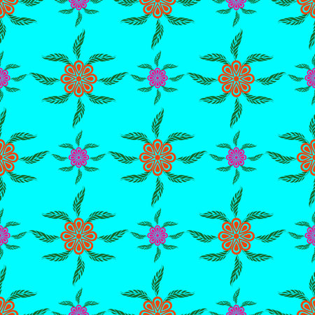 Vibrant turquoise blue floral  pattern with colorful orange flowers and green leaves ornament