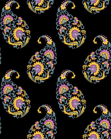 seamless Indian paisley pattern with black background