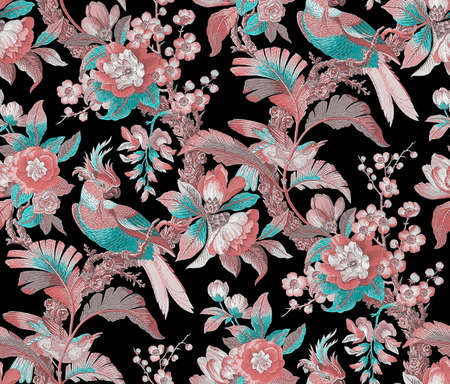 Creative seamless pattern with flowers and bird. Hand drawn texture. Surface design black background