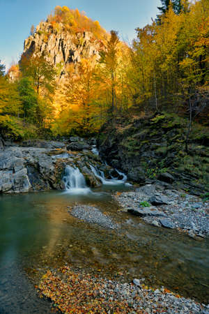 Autumn waterfall and creek woods with yellow trees foliage and rocks in forest mountainの写真素材