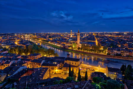 Panoramic aerial view of Verona, Italy at blue hour, after summer sunset