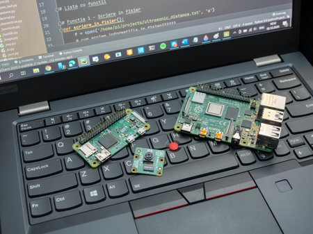 Galati, ROMANIA - November 02, 2020: Close-up of Raspberry Pi 4 Model-B, Raspberry Pi 3 Model B and Raspberry Pi Zero W on a laptop keyboard. The Raspberry Pi is a credit-card-sized single-board computer developed in the UKのeditorial素材