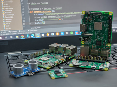 Galati, ROMANIA - November 02, 2020: Close-up of Raspberry Pi 4 Model-B, Raspberry Pi 3 Model-B and...