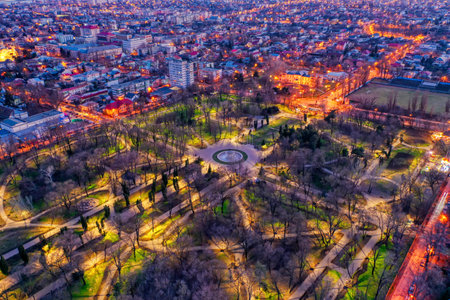 Galati, Romania - February 28, 2021: Aerial view of Galati City, Romania, at sunset with city lights onのeditorial素材