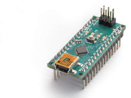 Galati, Romania - July 12, 2021: Original Arduino Nano board for the implementation of electronics...