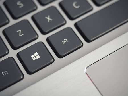 Galati, Romania - March 31, 2022: Windows Key on a new Dell Latitude 7420 laptop keyboard. Black...