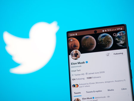 Galati, Romania - October 31, 2022: Elon Musk verified twitter account over the twitter logo background. The new owner of the Twitter social media platformのeditorial素材