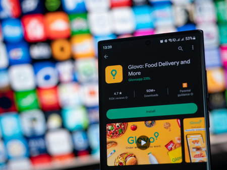 Galati, Romania - October 31, 2022: Glovo application available on Google Play Store for Android smartphonesのeditorial素材