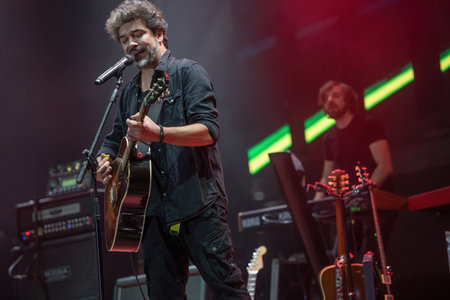 Galati, Romania - September 17, 2022: Artist Adrian Despot from Vita de Vie band performs live on stage at Danube Rock Sound festivalのeditorial素材