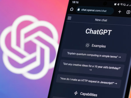 Galati, Romania - February 08, 2023: Webpage of ChatGPT, a prototype AI chatbot developed by OpenAI, on a smartphone screen. Examples of interactions with the AI are shown before a new chat.のeditorial素材