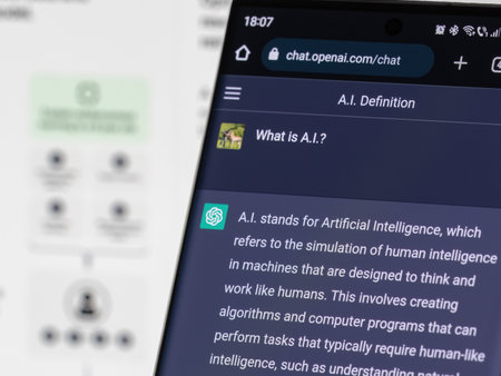 Galati, Romania - February 08, 2023: Webpage of ChatGPT, a prototype AI chatbot developed by OpenAI, on a smartphone screen. Examples of interactions with the AI are shown before a new chat.のeditorial素材