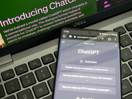 Galati, Romania - March 14, 2023: Webpage of ChatGPT, a prototype AI chatbot developed by OpenAI, on a smartphone screen. Examples of interactions with the AI are shown before a new chat.のeditorial素材