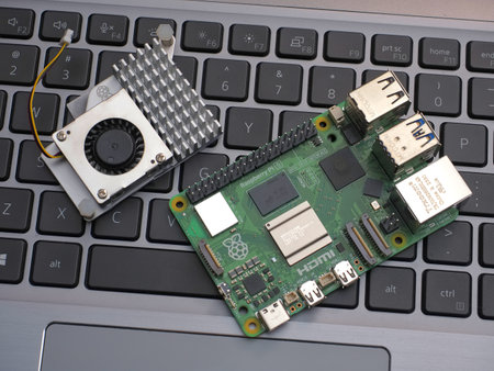 Galati, ROMANIA - November 10, 2023: Close-up of a Raspberry Pi 5 on a laptop keyboard. The...