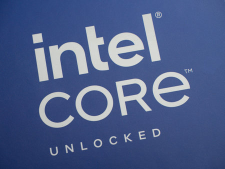 Intel logo on an Intel Core 14th gen i9-14900K processor caseのeditorial素材
