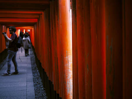 Numbers of tourists walking through many red shrine gates that are placed orderly making them like a long tunnel at Fushimi Inari Shrine, Kyoto. shot on 22 october 2018.のeditorial素材