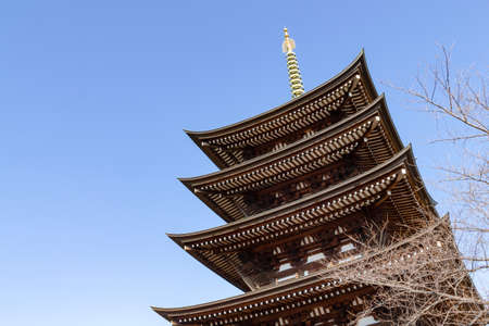 Low angle view of Japanese buddhism multi-level pagoda with glimpse of dried tree and blue sky background.のeditorial素材