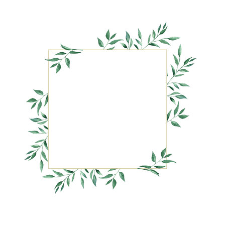 Rustic foliage watercolor square frame. Green pistachio branches. Hand drawn botanical illustration isolated on white background. Perfect for stationery, invitations, save the date, wedding, greeting card, baby shower and logoの写真素材