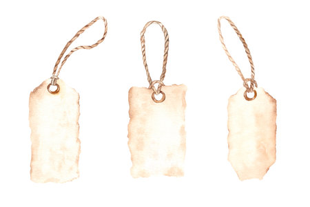 Set of vintage paper tags on jute cord. Hand drawn watercolor illustration. Isolated on a white background. For bouquets and gifts design. Rustic decoration.の写真素材