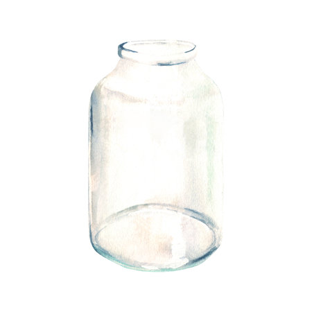 Transparent glass bottle, vase, jar. Watercolor hand drawn illustration on a white background.の写真素材