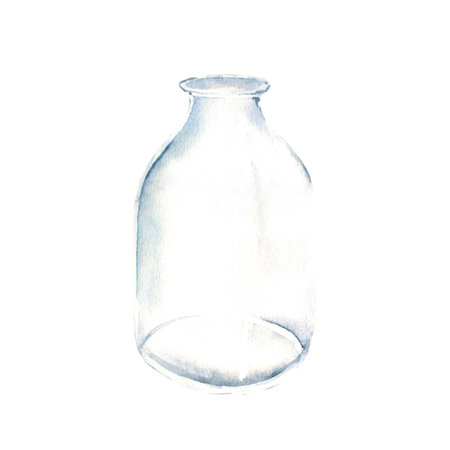Transparent glass bottle, vase, jar. Watercolor hand drawn illustration on a white background.の写真素材