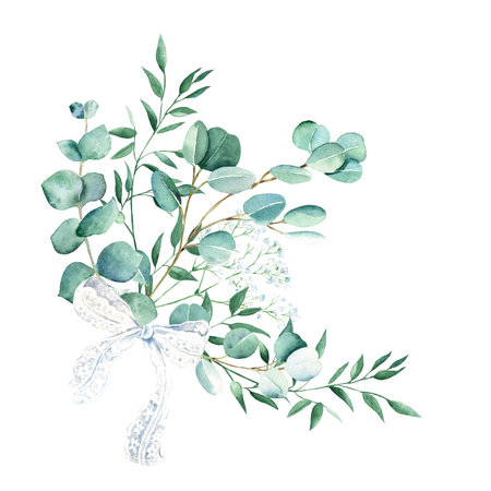 Watercolor greenery bouquet with white lace bow. Eucalyptus, gypsophila and pistachio branches. Hand drawn botanical illustration isolated on white background. Can be used for greeting cards, posters, wedding and baby shower nvitations, prints and floristic designの写真素材