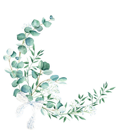 Watercolor greenery wreath, eucalyptus, gypsophila and pistachio branches with white lace bow. Rustic foliage. Hand drawn botanical illustration isolated on white background. Ideal for stationery, invitations, save the date, wedding, greeting, baby shower cardsの写真素材