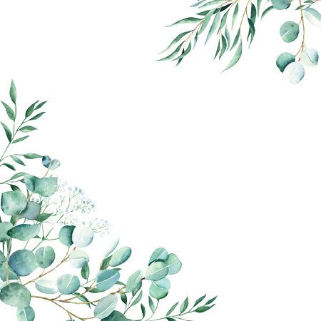 Watercolor frame, eucalyptus, gypsophila and pistachio branches. Rustic greenery. Hand drawn botanical illustration isolated on white background. Ideal for stationery, invitations, save the date, wedding, greeting card, baby showerの写真素材