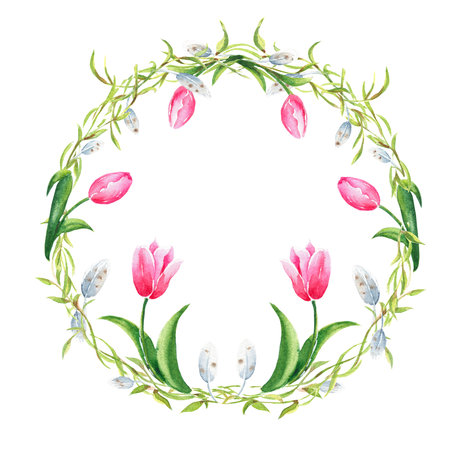 Easter floral wreath with spring tulips, plumelets willow branches. Watercolor hand drawn illustration. Perfect for cards, posters, festive designs.の写真素材