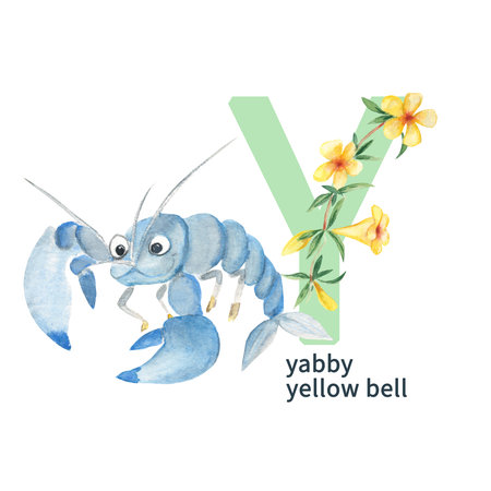 Letter Y, yabby, yellow bell, cute kids animal and floral ABC alphabet. Watercolor illustration isolated on white background. Can be used for alphabet or cards for kids learning English vocabulary and handwritingの写真素材