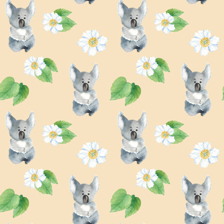 Seamless pattern with cute koala, kiwi leaves and flowers. Watercolor hand drawn illustration.の写真素材