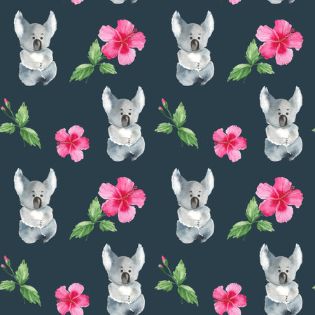 Seamless pattern with cute koala, hibiscus leaves and flowers. Watercolor hand drawn illustration.の写真素材