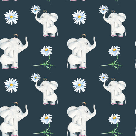 Seamless pattern with cute elephant and camomile flowers. Watercolor hand drawn illustration.の写真素材