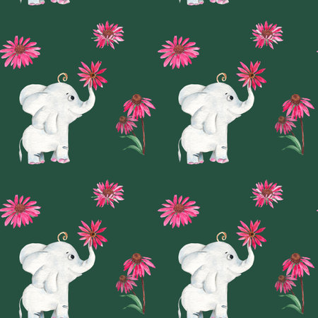 Seamless pattern with cute elephant and echinacea flowers. Watercolor hand drawn illustration.の写真素材