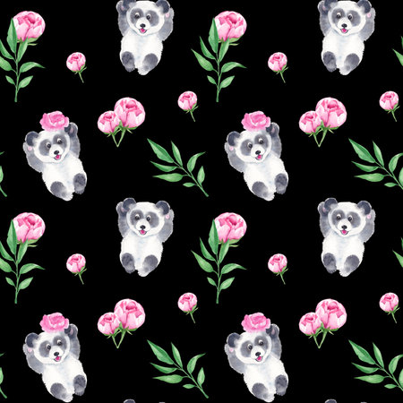 Seamless pattern with cute panda and peony flowers. Watercolor hand drawn illustration.の写真素材
