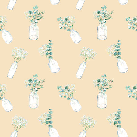 Seamless watercolor pattern with eucalyptus and gypsophila bouquets in vase, jars on beige background. Can be used for gift wrapping paper, kitchen textile and fabric prints.の写真素材