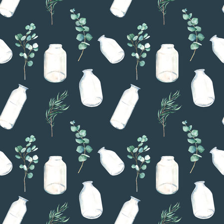 Seamless watercolor pattern with eucalyptus branches, vases, jars on dark blue background. Can be used for gift wrapping paper, kitchen textile and fabric prints.の写真素材