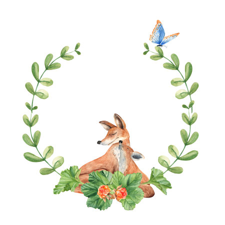 Woodland baby and mother fox animal watercolor wreath with green branches and leaves, cloudberry and blue butterfly. Floral illustration for nursery, greeting cards, invitations, save the date, logos.の写真素材