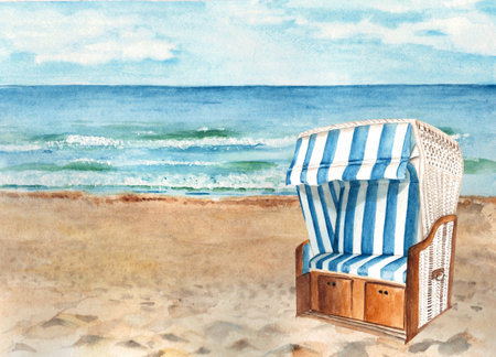 Baltic sea beach and hooded beach chair, Strandkorb. Ostsee Panorama. Sunny Weather, blue sky with clouds. Hand drawn watercolor illustration.の写真素材