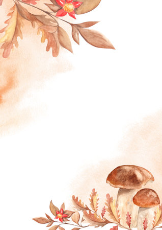 Floral autumn card template with porcini mushrooms, oak leaves and branch with red flower, orange watercolor splashes. Forest hand drawn botanical illustration. For save the date, greeting birthday cards, poster, anniversary.の写真素材