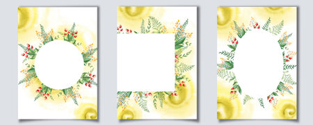 Set of floral card templates with red berries, fern, green branches, yellow wildflowers, watercolor splashes. For save the date, greeting cards, poster, anniversary, baby shower. Hand drawn botanical illustrationの写真素材