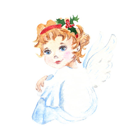 Cute Christmas angel with holly branch in the hair. Vintage stile. Good for cards, prints, decoration.の写真素材